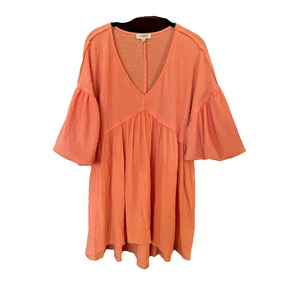 Umgee Blouse Womens Size Large Puff Sleeve V-Neck Bohemian Raw Hemline